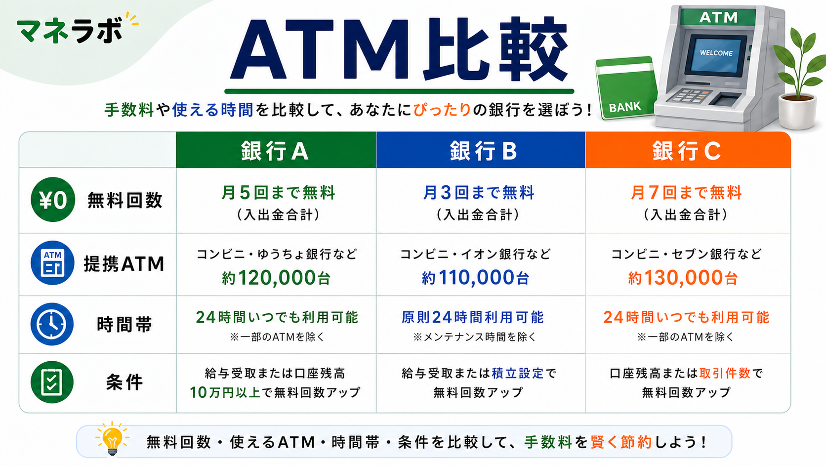 ネット銀行3社のATM無料回数を比較した図解