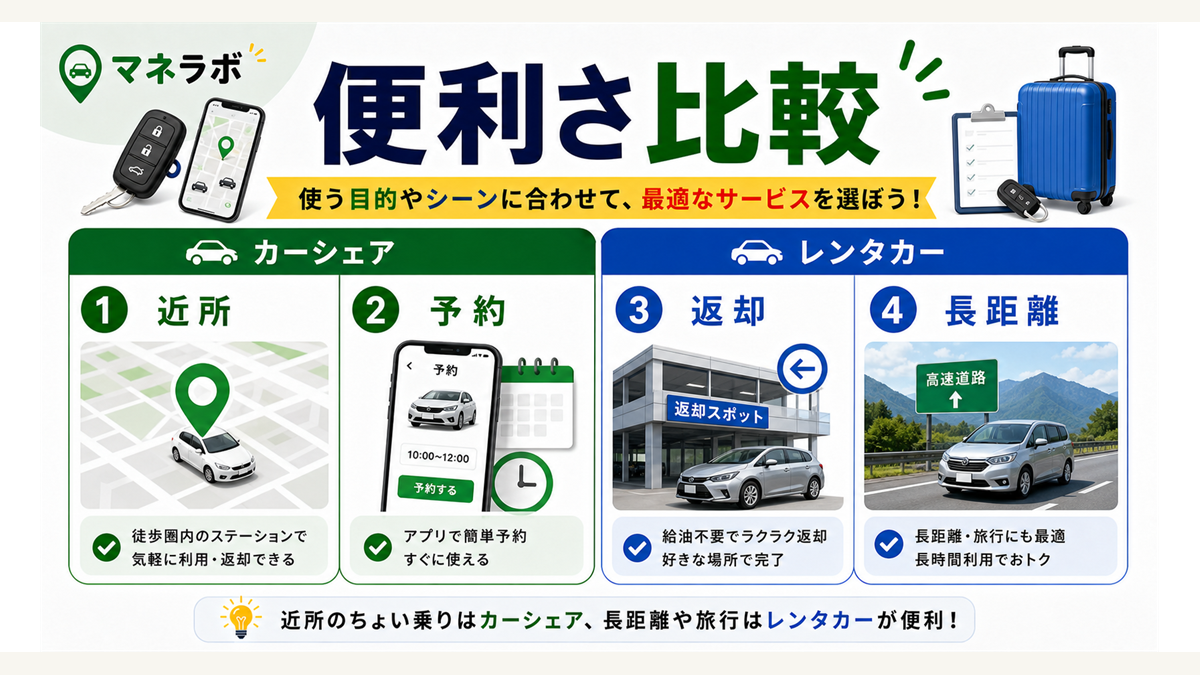 カーシェアとレンタカーの手続きの違いを示す図