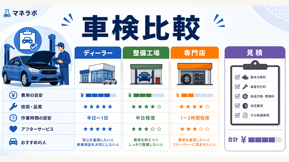車検業者タイプ別の費用比較を示す図