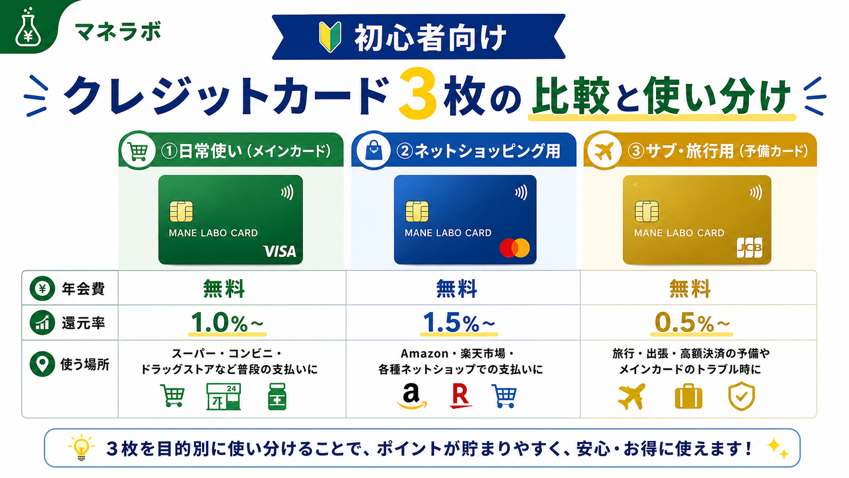 クレジットカード3枚の比較と使い分けの図解