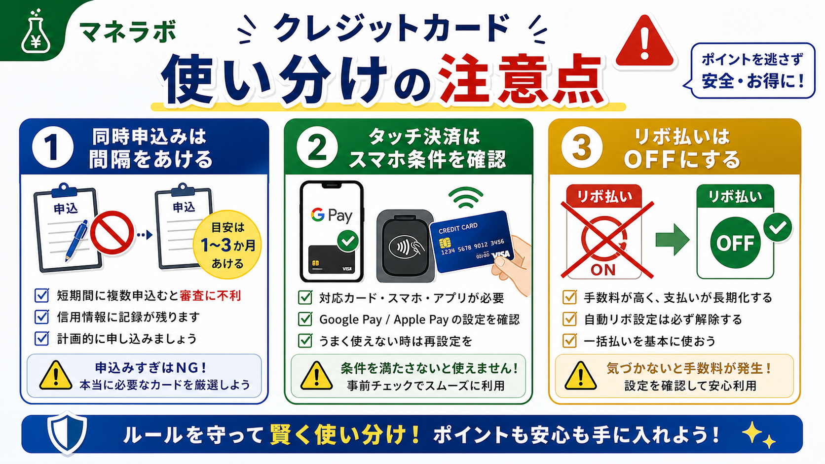 使い分けの注意点：同時申込みは1〜2週間あける、タッチ決済はスマホが条件、リボ払いは必ずOFFにする
