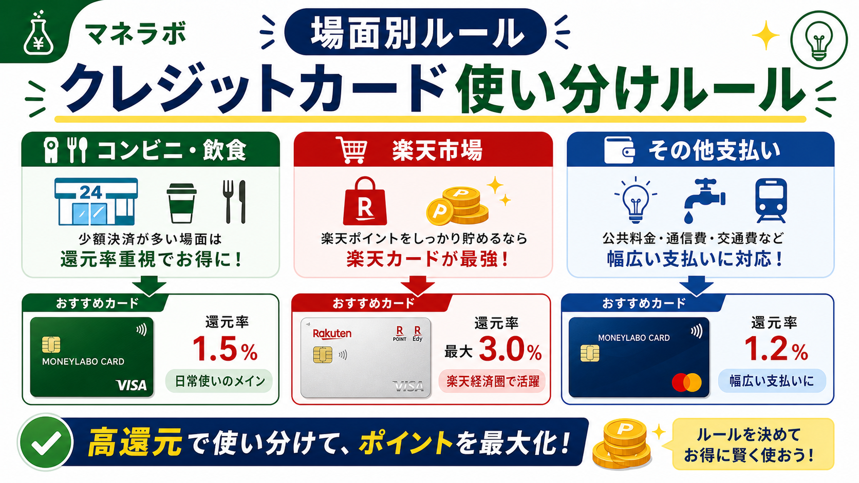 場面別の使い分けルール：コンビニ・飲食は三井住友NL、楽天市場は楽天カード、その他は楽天カード