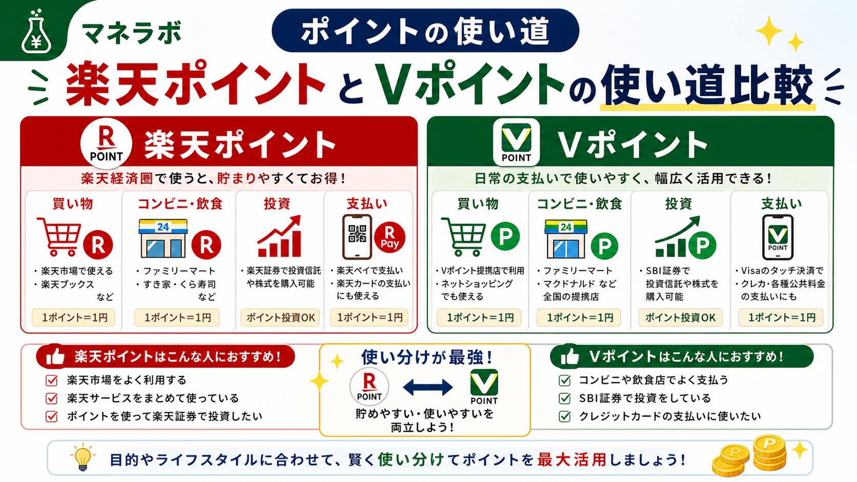 楽天ポイントとVポイントの使い道を比較