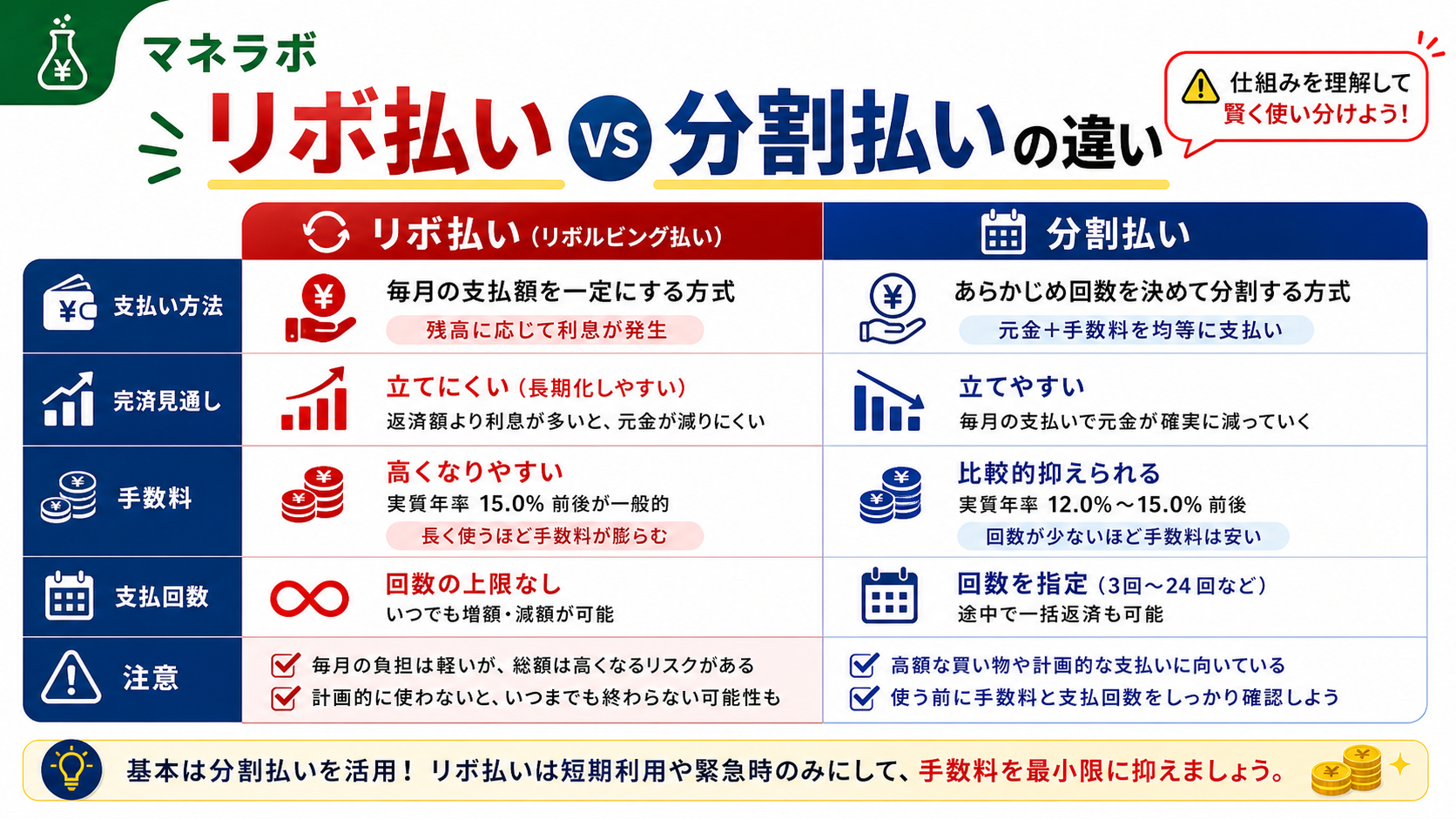 リボ払いと分割払いの違い：完済見通し・手数料の比較