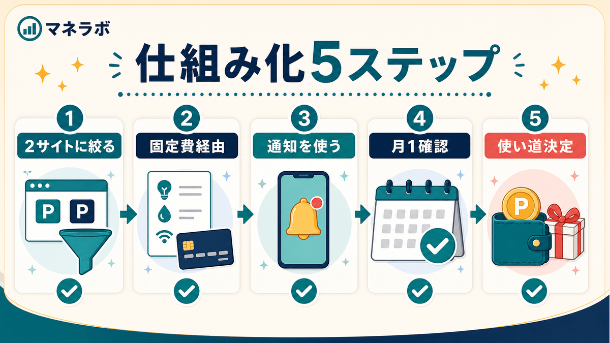 ポイ活仕組み化5ステップ（2サイト絞り→固定費経由→拡張機能→月1チェック→使い道決定）