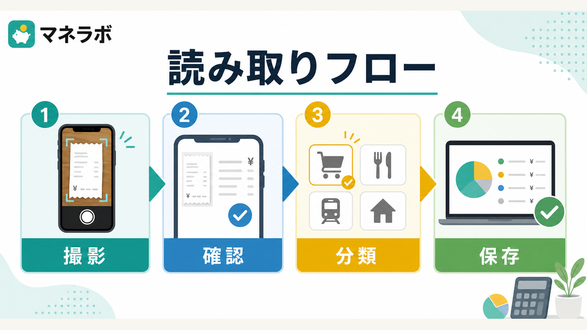 レシート読み取りから家計管理までの流れ：撮影・自動認識・家計管理の3ステップ