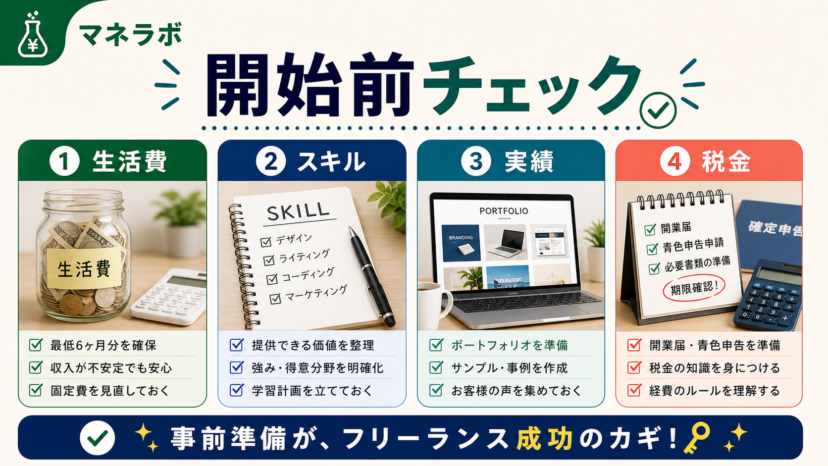 フリーランスになるまでの7ステップのフローチャート（準備→手続き→営業開始の3段階）