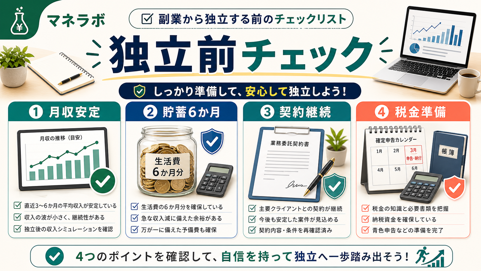 独立前の準備チェックリスト（収入・契約・貯蓄・保険・税務・会計・名刺）