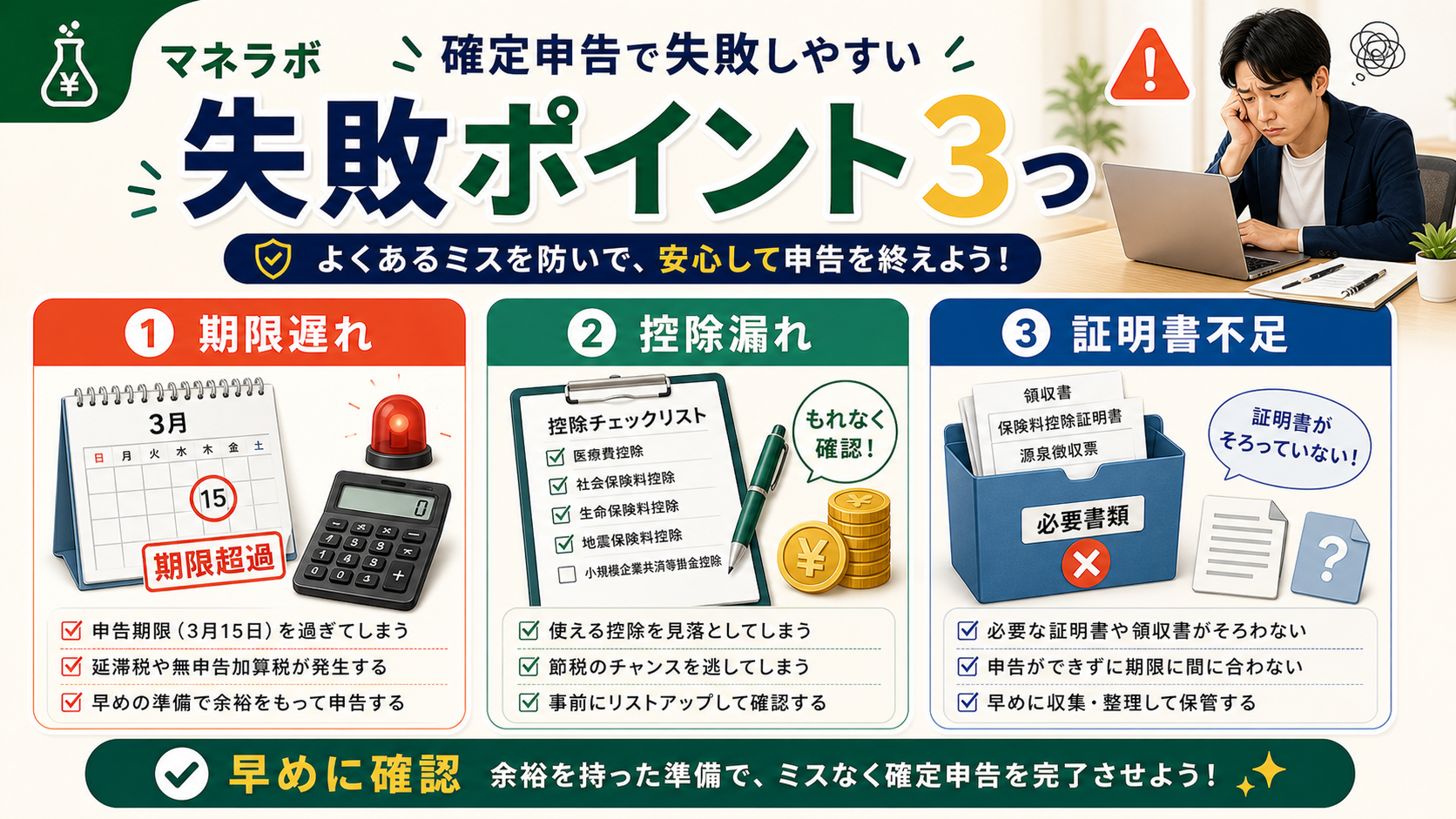確定申告で失敗しやすい3つのポイントチェックリスト(期限・控除・証明書)
