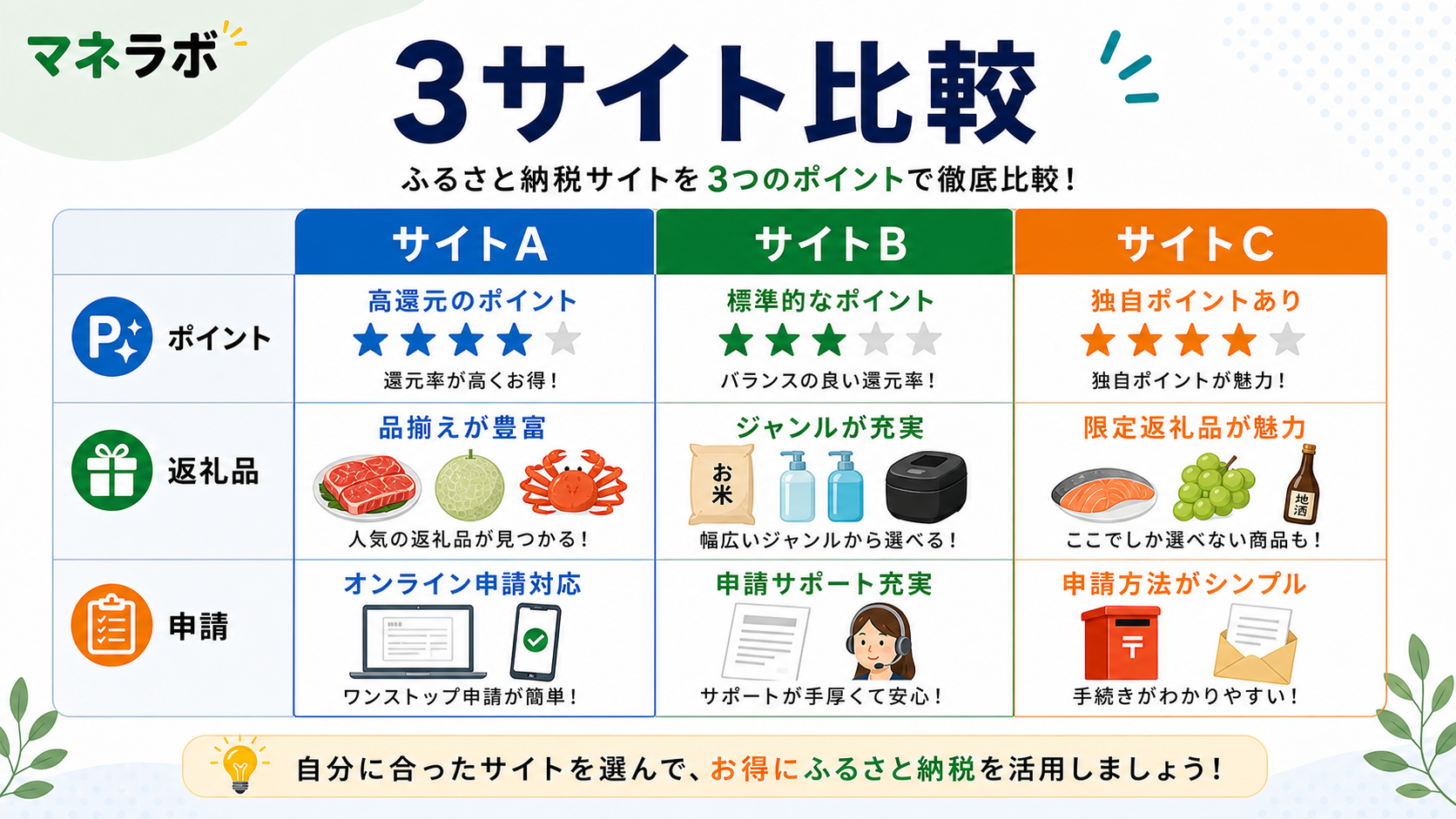 楽天・さとふる・ふるなびの特徴比較