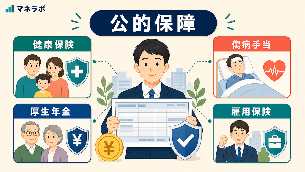 会社員が加入する公的保障のカバー範囲を示す図解