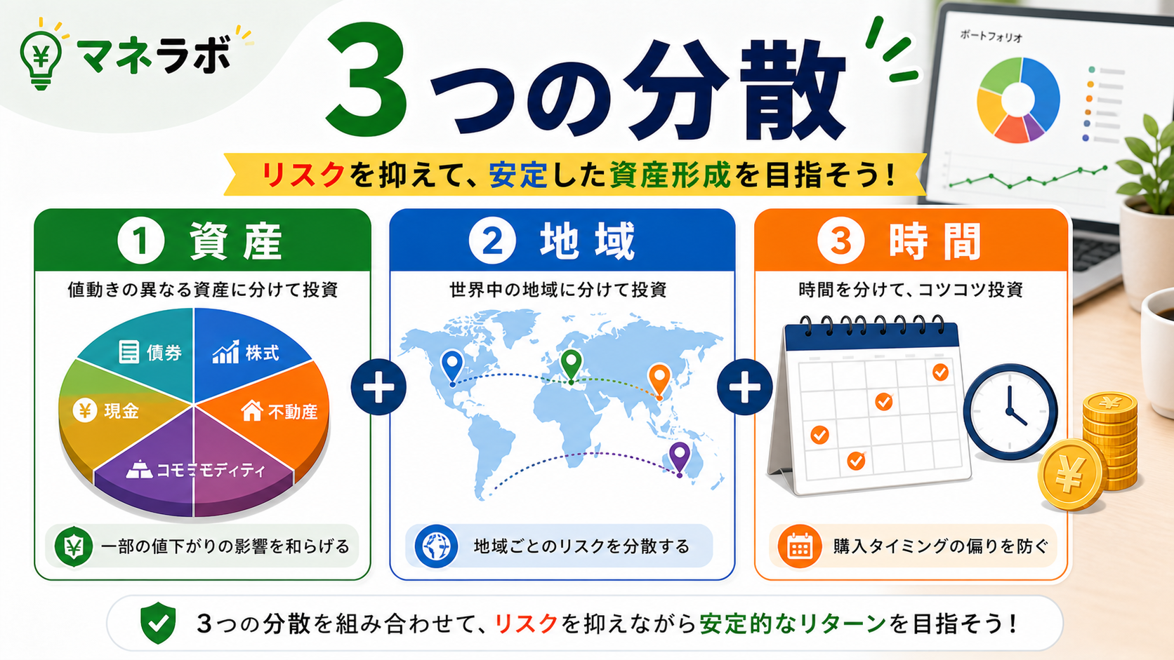 分散投資は資産・地域・時間の3軸で分ける