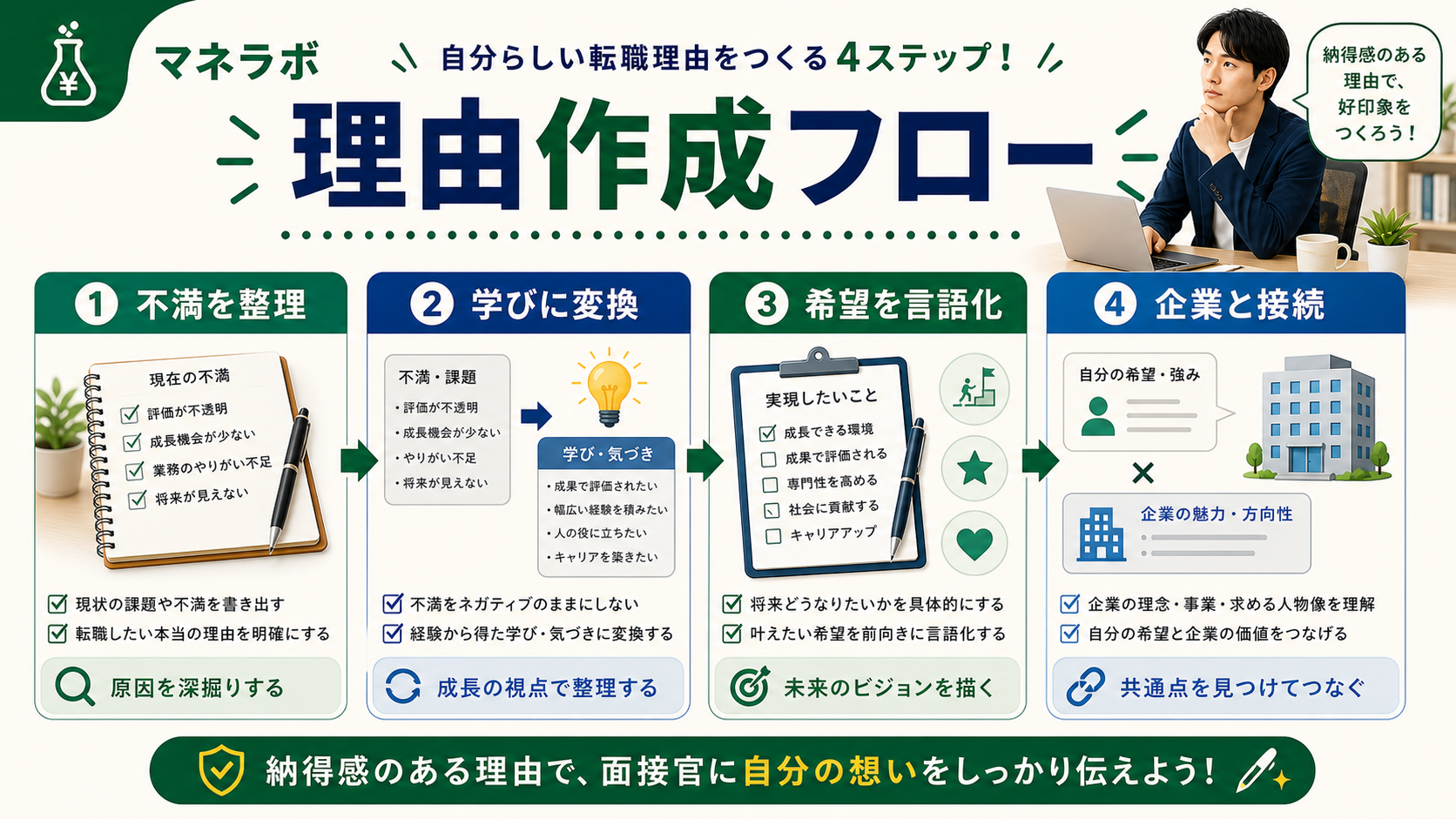 転職理由の変換3ステップ（本音把握→前向きに変換→一貫性を持たせる）