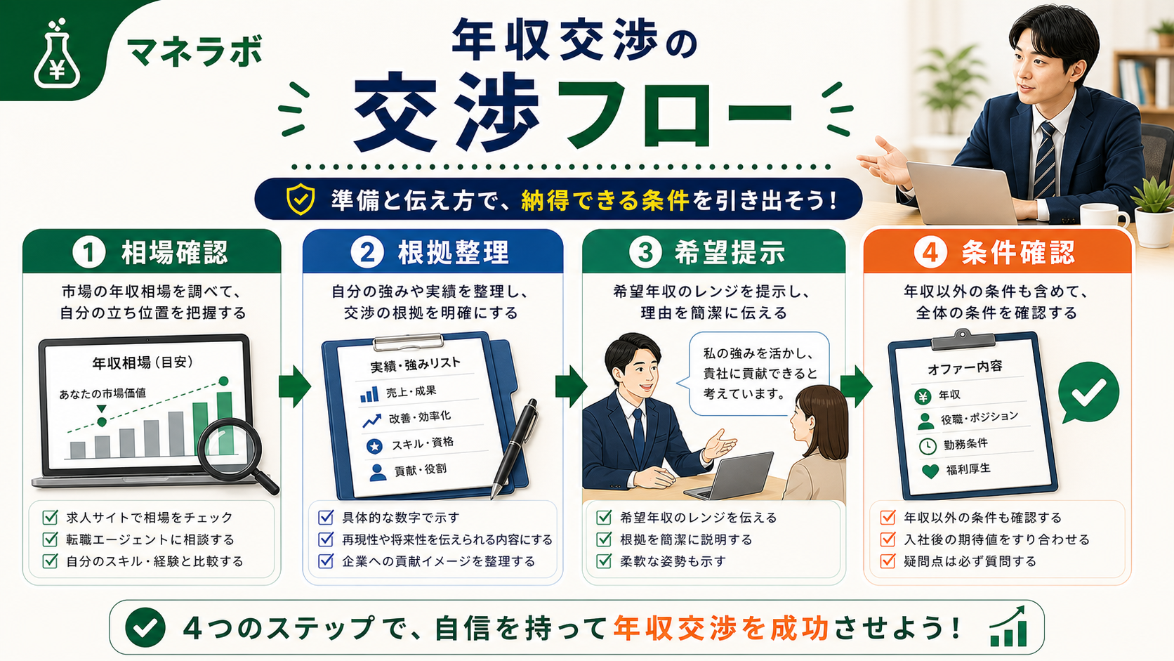 年収交渉4ステップ（相場調査→材料整理→内定後交渉→書面確認）