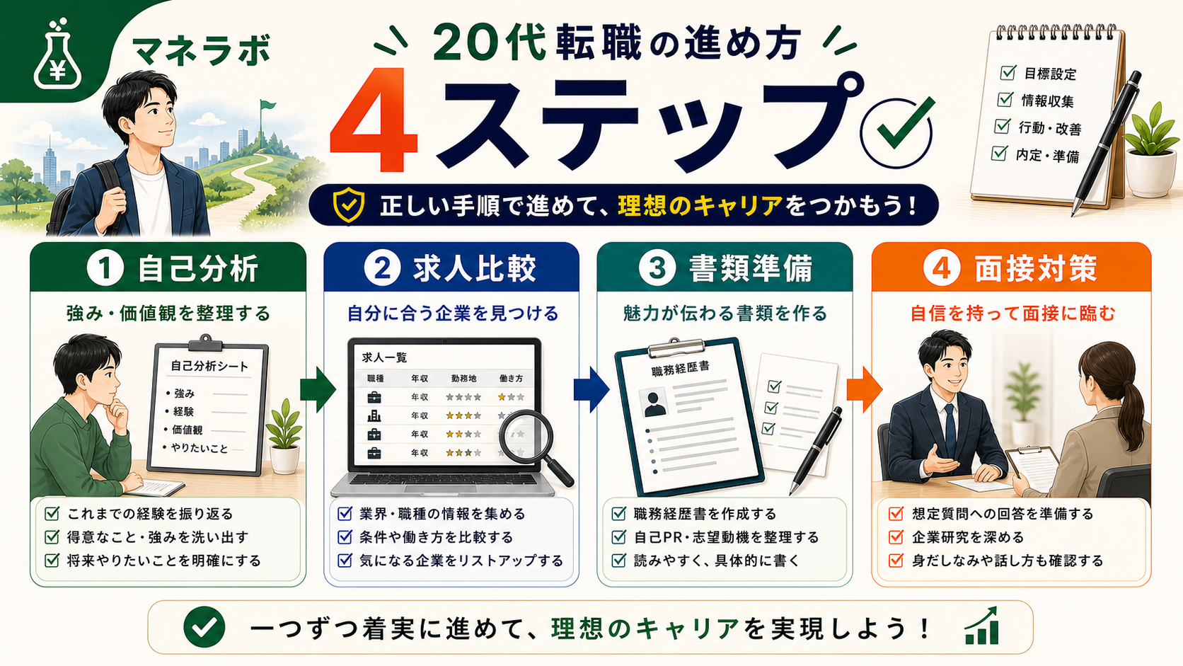 20代の転職成功ステップ:理由の変換・市場価値の把握・在職中に開始