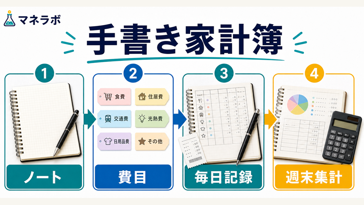手書き家計簿を始める4ステップ（ノートを用意→費目を決める→毎日記録→週末に集計）の流れ