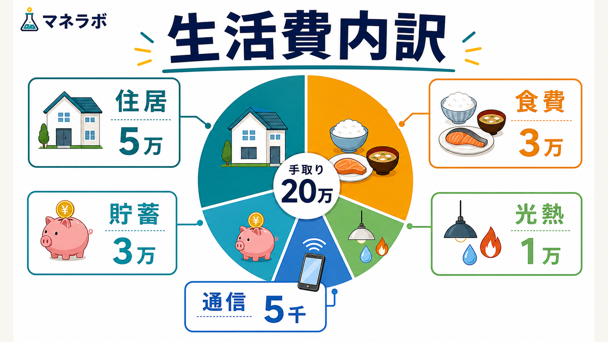 手取り20万円の費目別配分（住居費5万・食費3万・通信費5千・光熱費1万・貯蓄3万など）の円グラフ