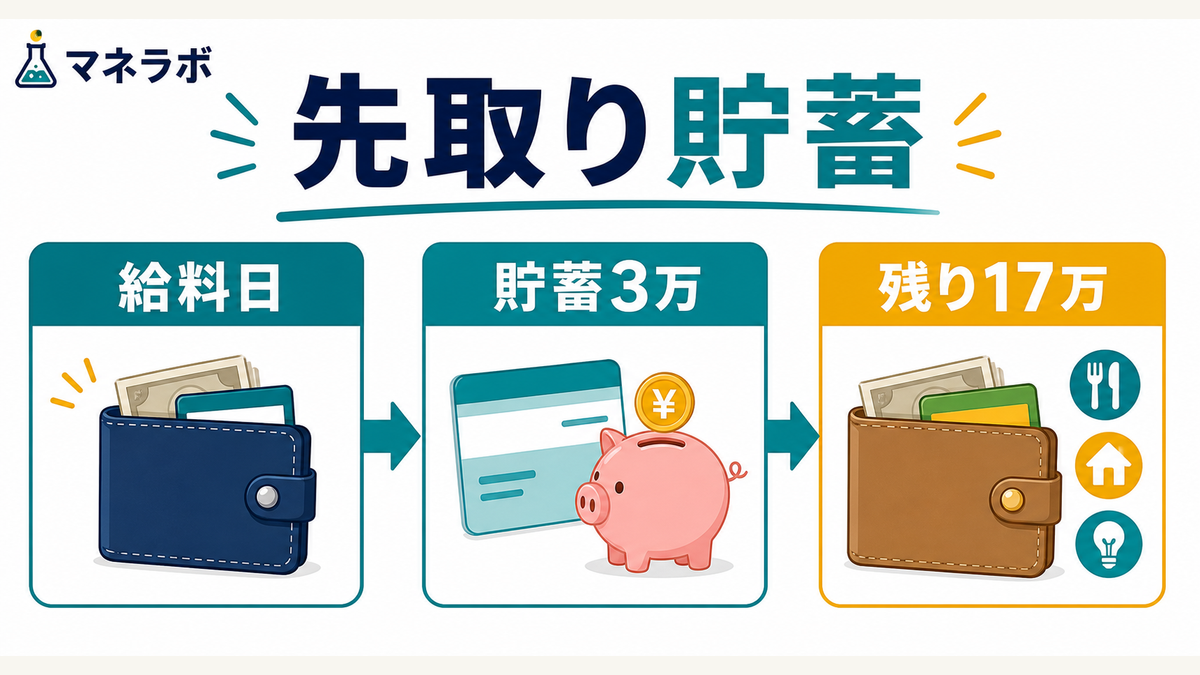 先取り貯蓄の流れ（給料日→自動振替で3万円を貯蓄口座→残り17万円で生活）のフロー図