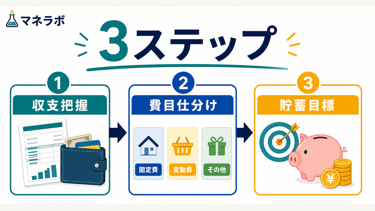 家計管理を始める3ステップ（収支の把握→固定費・変動費の仕分け→貯蓄目標の設定）の流れ