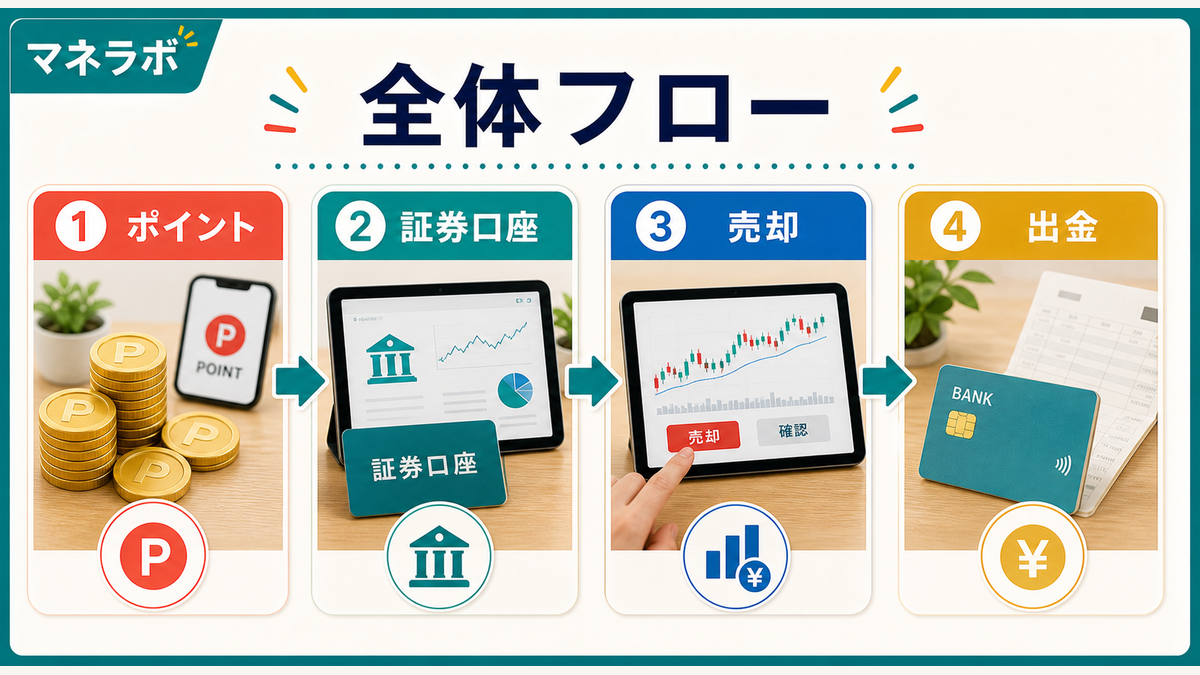 ポイント現金化の全体フロー（証券口座経由）