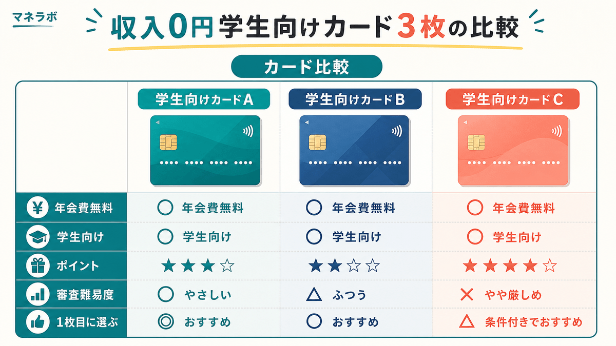 学生専用カード3枚の年会費・特典・審査難易度の比較表