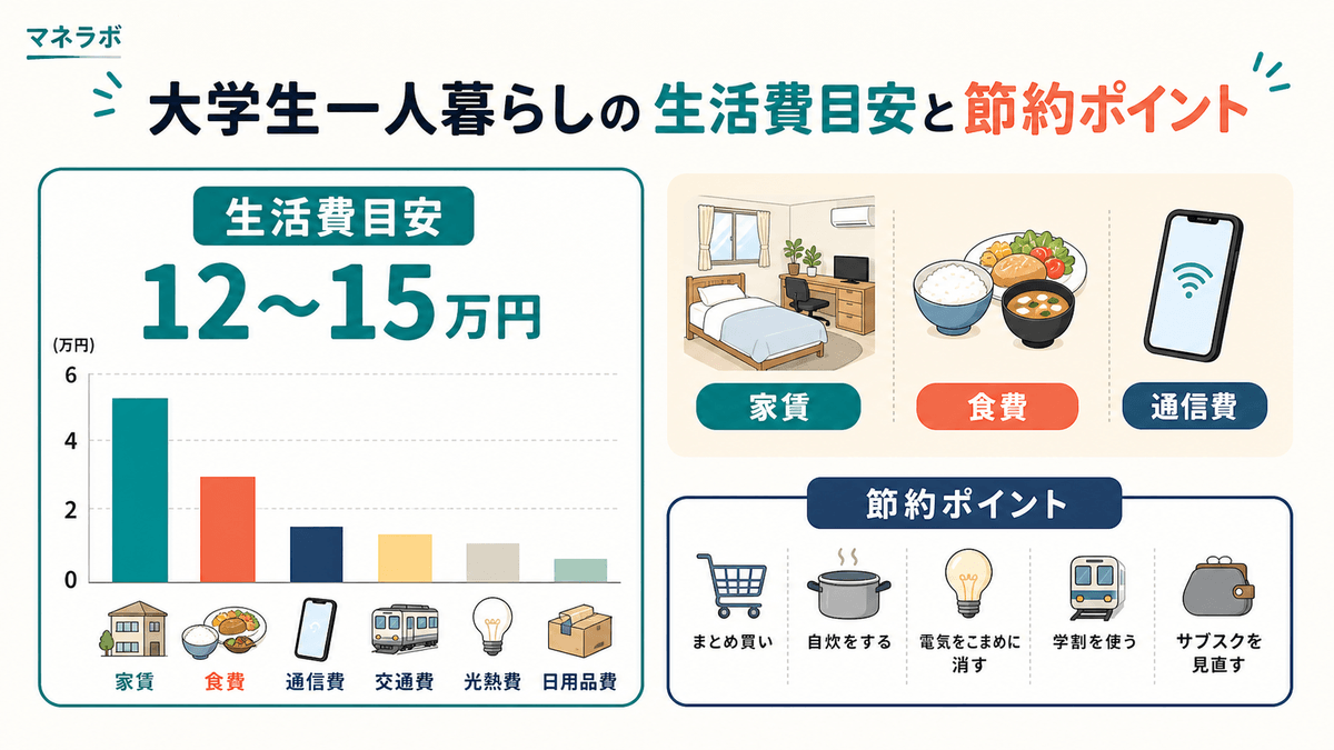 一人暮らし大学生の月別生活費内訳の棒グラフ