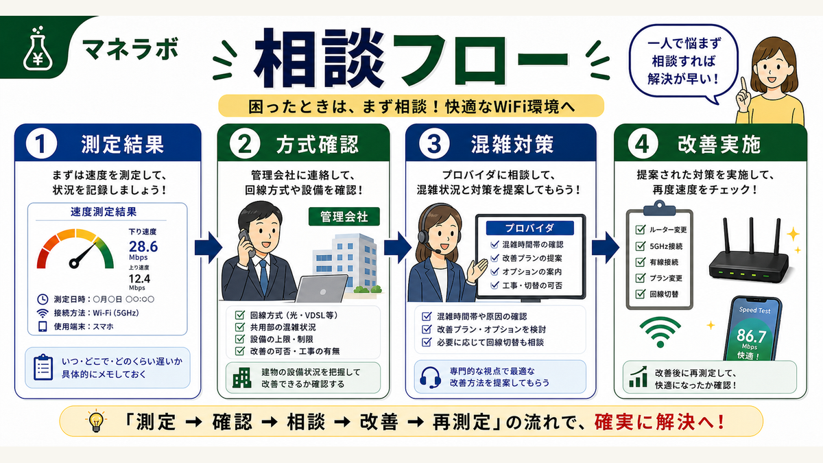 管理会社・プロバイダ相談フロー（測定結果持参→方式確認→混雑対策依頼）