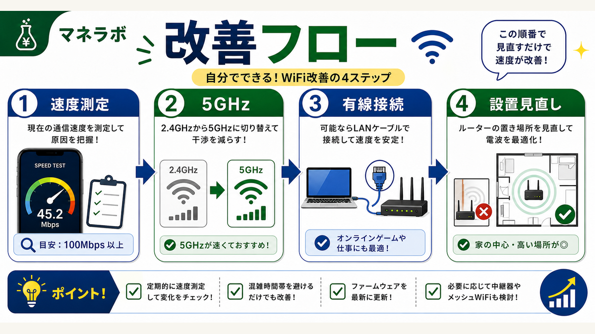 自分でできるWiFi改善フロー（速度測定→周波数切替→有線接続→設置場所見直し）