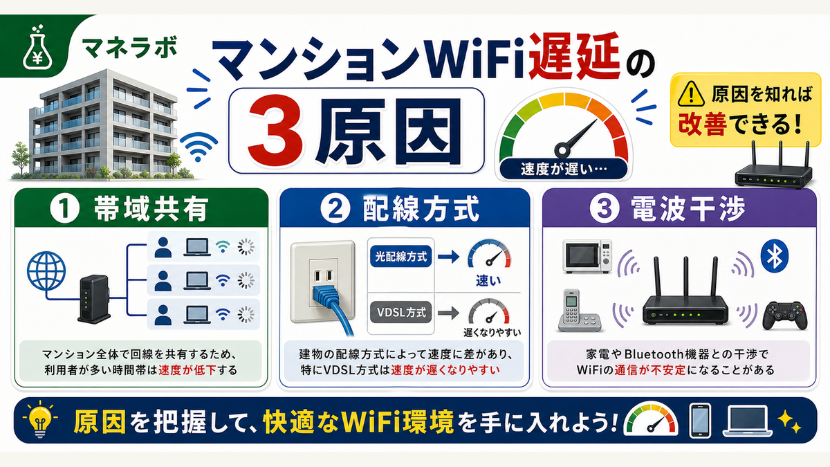 マンションWiFi遅延の3原因（帯域共有・配線方式・電波干渉）