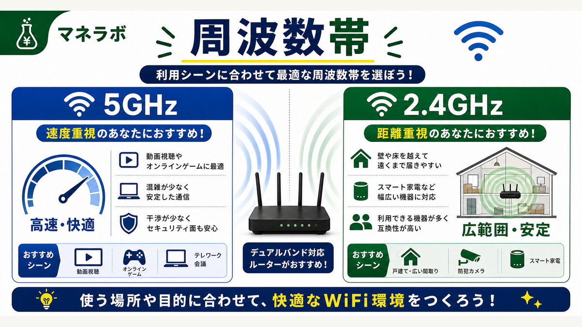 WiFi周波数帯の選び方(5GHz帯は速度重視、2.4GHz帯は距離重視)