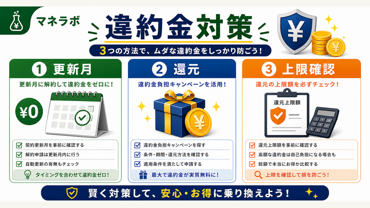 違約金を抑える3つの方法（更新月・還元キャンペーン・法改正の上限）