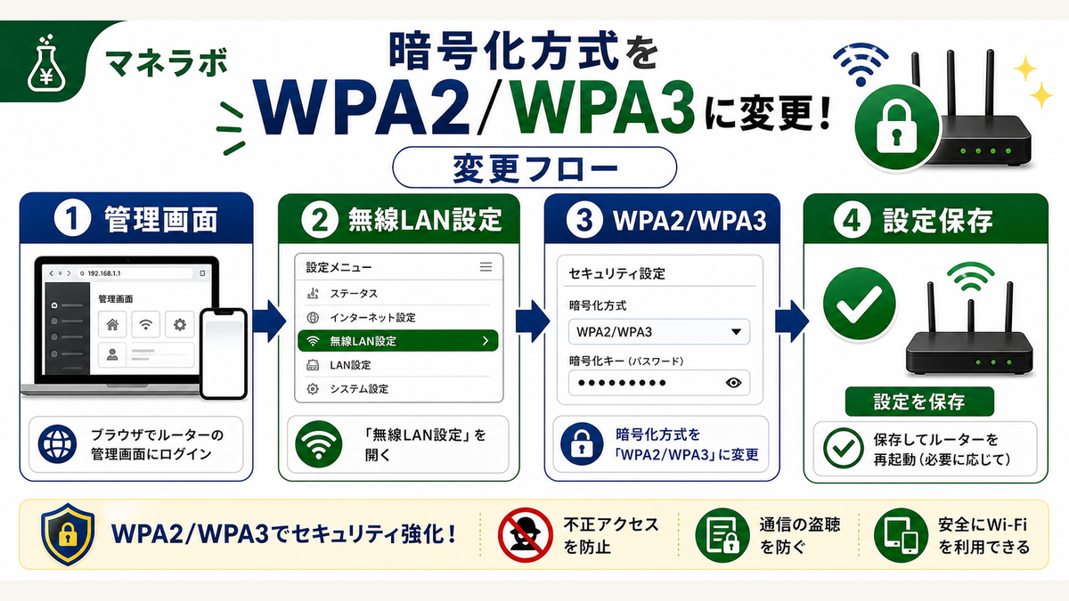 暗号化方式をWPA2/WPA3に変更する操作フロー（管理画面ログイン→無線LAN設定→暗号化方式選択）