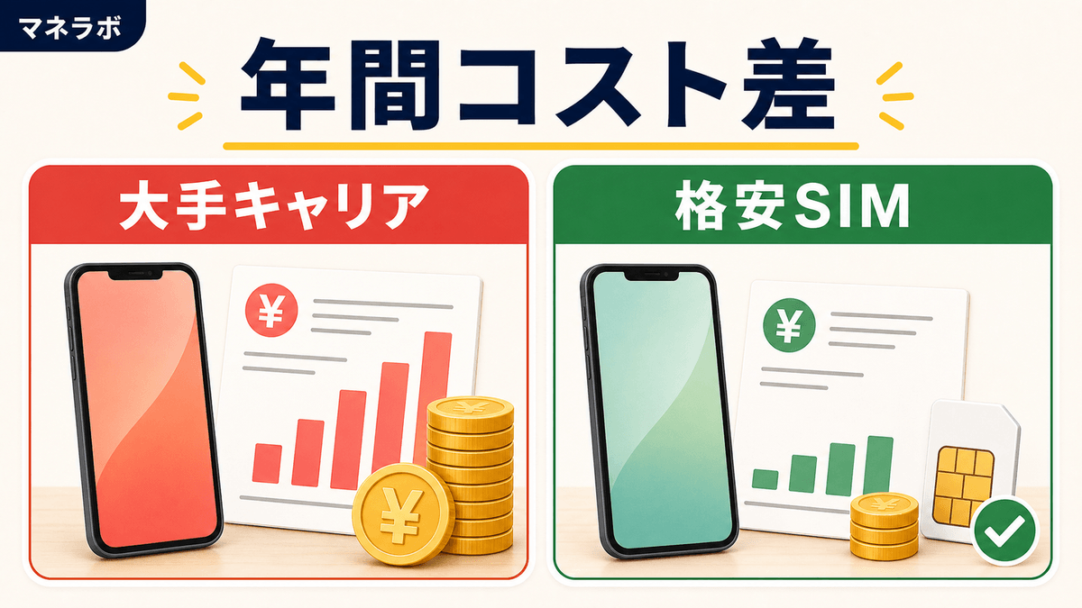 大手キャリアと格安SIMの年間コスト差を比較した図