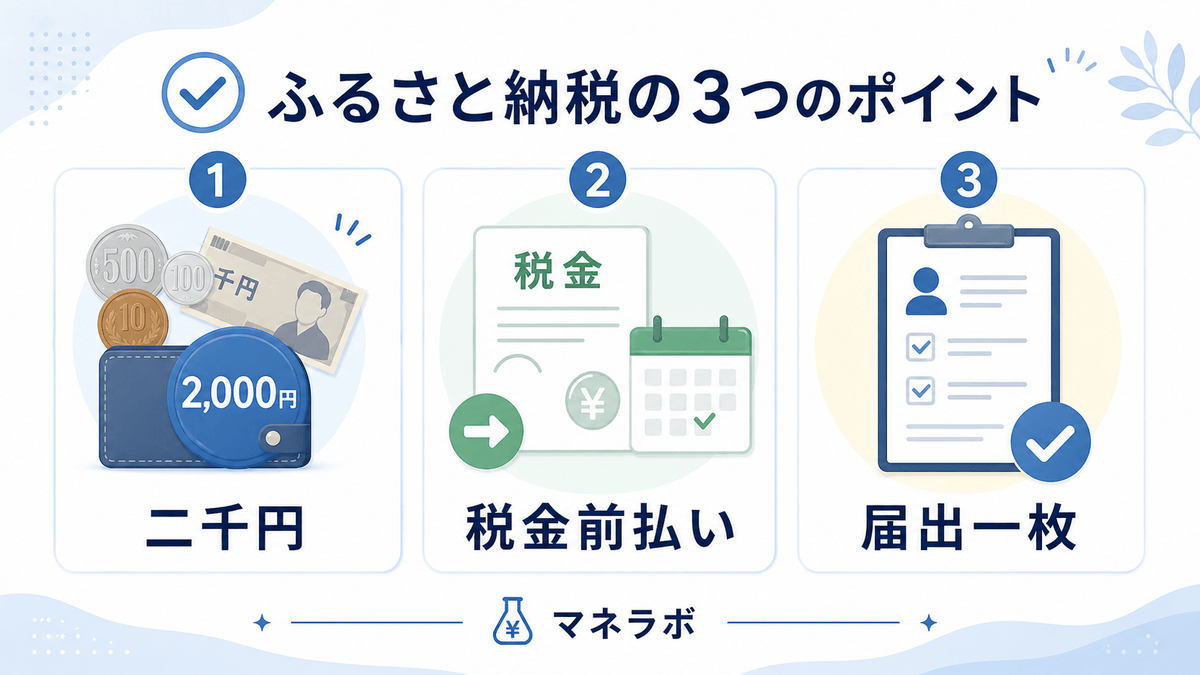 ふるさと納税の3つのポイント（実質2,000円・税金の前払い・届出1枚で完了）